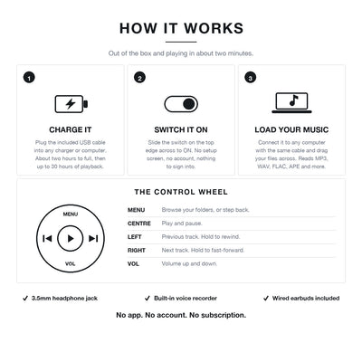 How the Nostalgi player works: charge, switch on, load your music, and what every button on the control wheel does