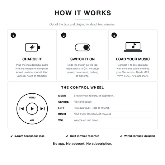 How the Nostalgi player works: charge, switch on, load your music, and what every button on the control wheel does